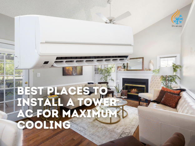 Diagram showing optimal placement options for a tower air conditioner in a room, highlighting corners or against walls to save floor space while allowing unobstructed airflow. Emphasizes placing the unit away from direct sunlight and heat sources to improve efficiency. Shows the importance of keeping clearances around the unit for proper air circulation and easy maintenance. Suggests positioning near windows or doors for fresh air intake and avoiding placing it directly in front of seating areas for comfort.