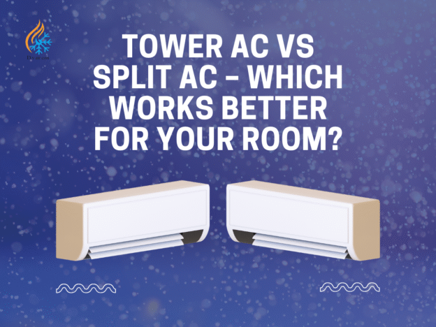 Tower AC is a tall, freestanding unit offering portability and high cooling capacity for large rooms, but typically noisier and occupies floor space. Split AC features wall-mounted indoor and outdoor units, providing quiet and energy-efficient cooling, suitable for medium to large rooms with a fixed installation.