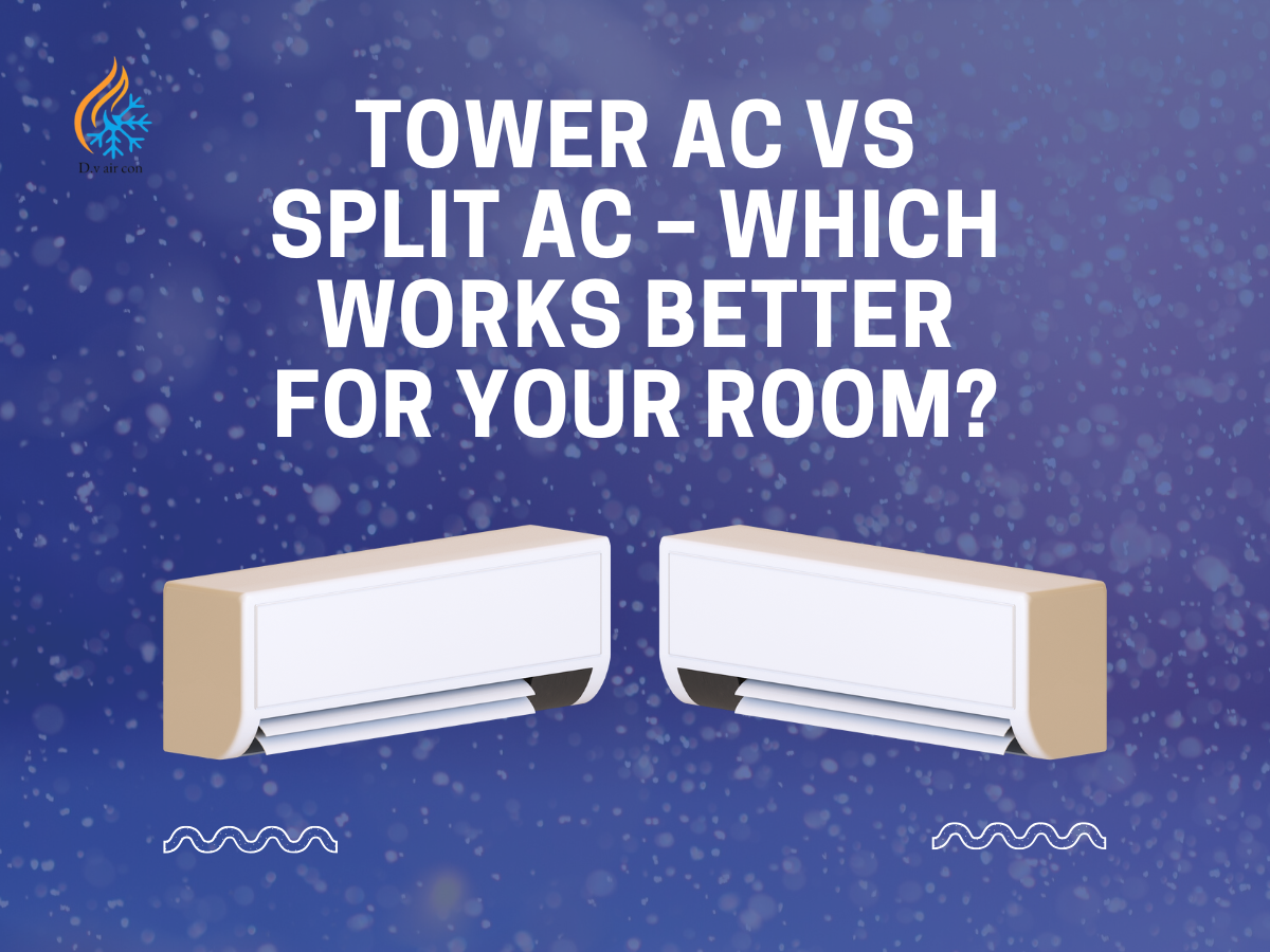Tower AC is a tall, freestanding unit offering portability and high cooling capacity for large rooms, but typically noisier and occupies floor space. Split AC features wall-mounted indoor and outdoor units, providing quiet and energy-efficient cooling, suitable for medium to large rooms with a fixed installation.